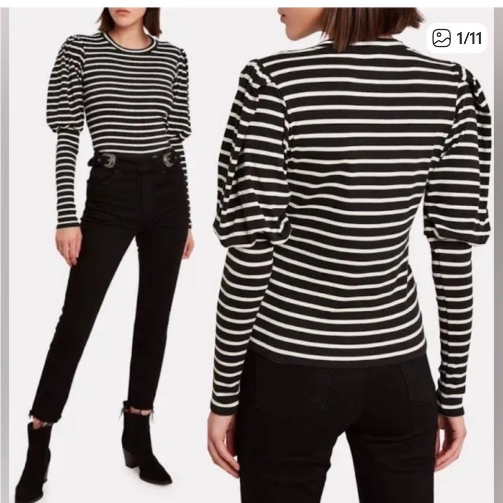 Veronica Beard Black and White Striped Puff-Sleeve Long Sleeve Top